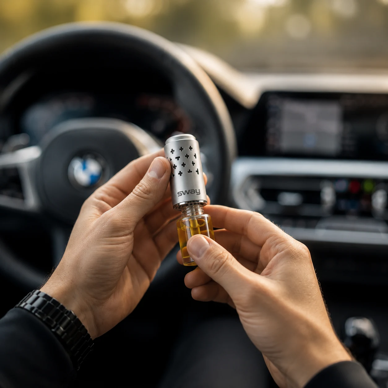 Close-up of male hand twisting a Sway cartridge into the diffuser body in vehicle interior